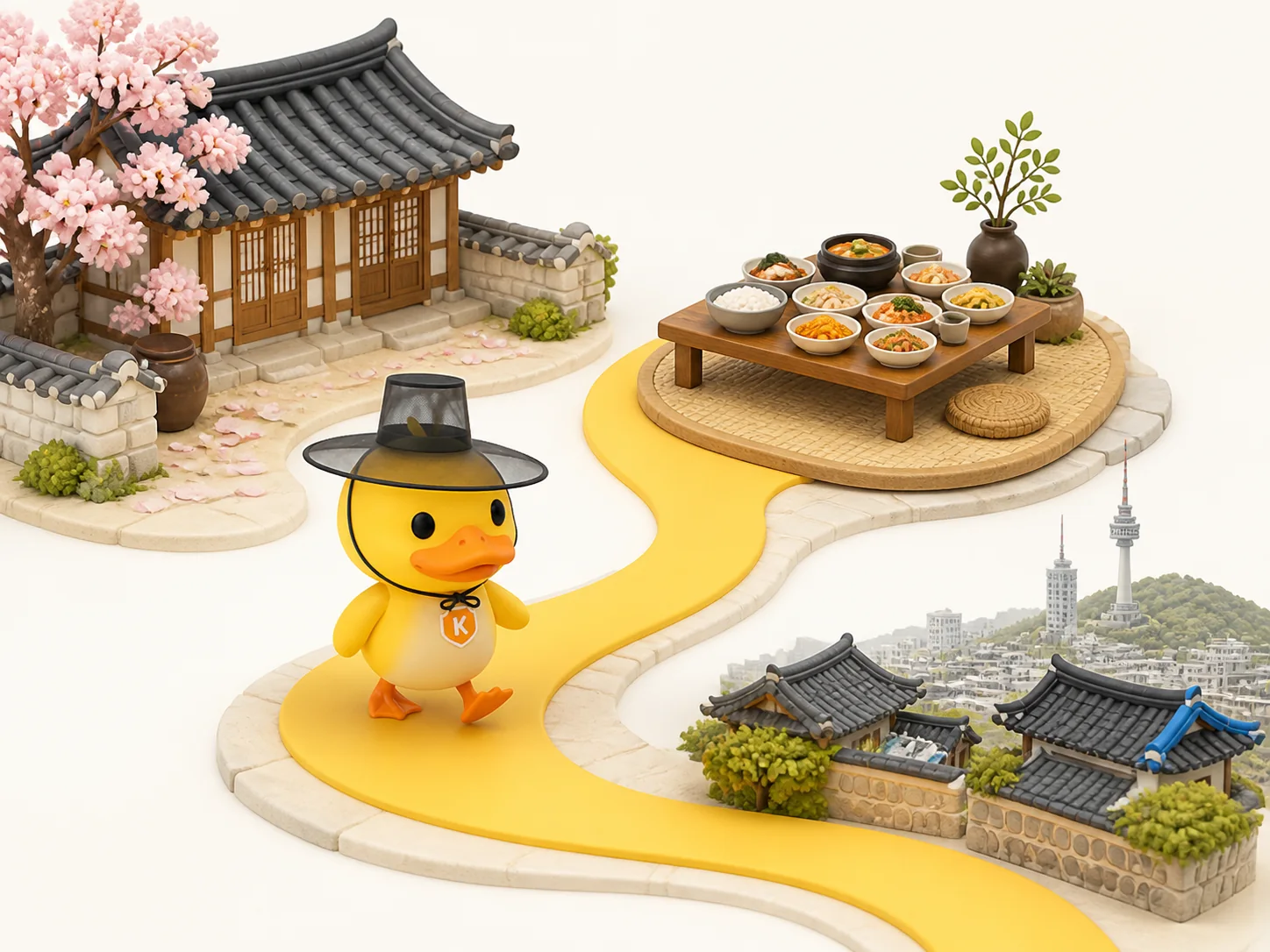 Kkeudeok following a yellow path through Korean places, food, and culture