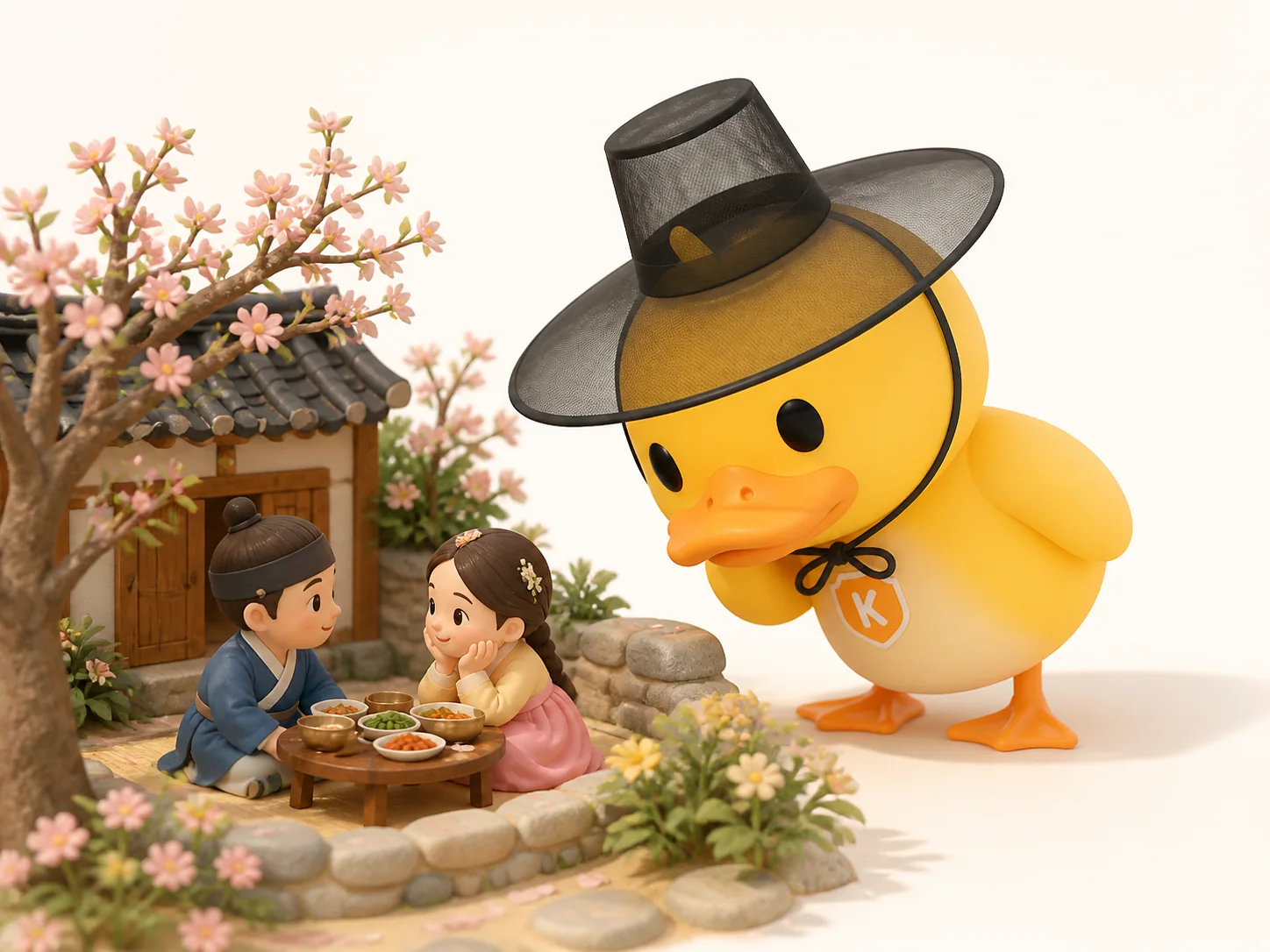 Kkeudeok watching a miniature Korean drama moment in a spring courtyard